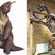 Ilustración de un megaterio junto a un esqueleto conservado en el Museo e Historia Natural de Londres.